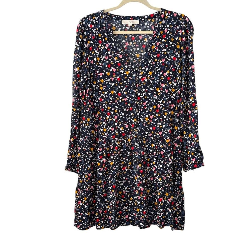 LOFT Small Navy Multicolor Heart Print Rayon Dress Drop Waist Lightweight